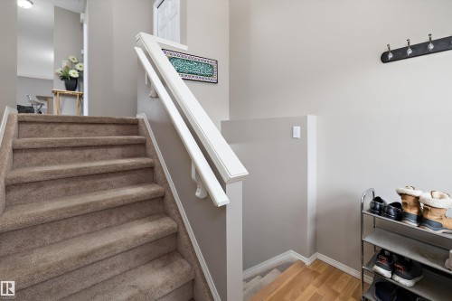 Carpeted staircase with white railings, complemented by light gray wall tones and wood-finish flooring at the base - 3114 32 Avenue Nw, Edmonton, AB 