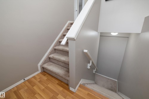 Carpeted staircase with white handrail and wood-finish flooring - 3114 32 Avenue Nw, Edmonton, AB 