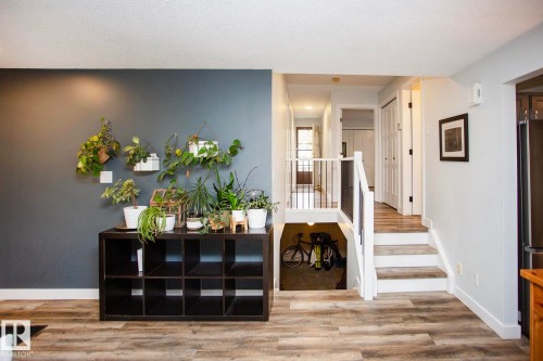 Wood-finish flooring throughout, with a contrasting accent wall - 8 Ash Crescent, St. Albert, AB 