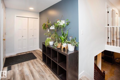 Wood-finish flooring, recessed lighting, and a white bi-fold closet door - 8 Ash Crescent, St. Albert, AB 