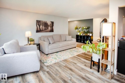 Wood-finish flooring throughout, light-toned wall paint, and a contrasting accent wall - 8 Ash Crescent, St. Albert, AB 