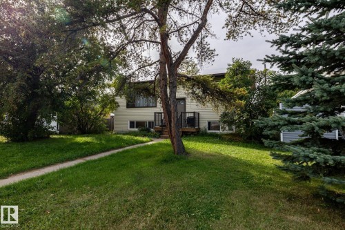 Light-colored siding exterior, dark trim windows, front entry deck with dark railings, mature trees, and a concrete walkway - 10972 157 Street Nw, Edmonton, AB 