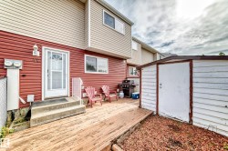Backyard featuring a wood deck, concrete steps, and a storage shed - 