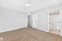 Neutral-toned carpeting, white trim, and a flush mount ceiling light fixture - 