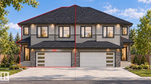 Contemporary exterior featuring a stone and siding facade, a prominent garage door with frosted glass inserts, and a covered entry with steps - 1281 Calahoo Road, Spruce Grove, AB 