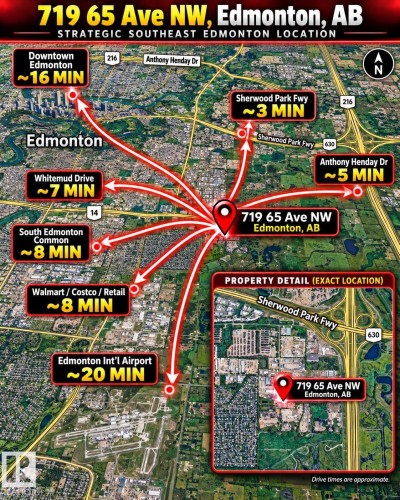 Location Map. Illustrating the property's position at 719 65 Ave NW, Edmonton, AB, with approximate travel times to various points of interest - 719 65 Ave Nw, Edmonton, AB 