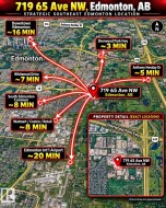 Location Map. Illustrating the property's position at 719 65 Ave NW, Edmonton, AB, with approximate travel times to various points of interest - 