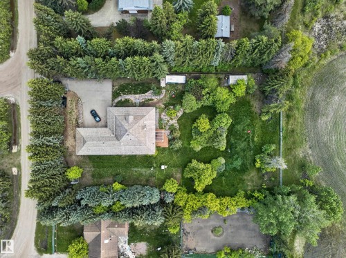 L-shaped roofline, paved driveway, surrounding mature evergreen trees, garden beds, and expansive green space - 719 65 Ave Nw, Edmonton, AB 