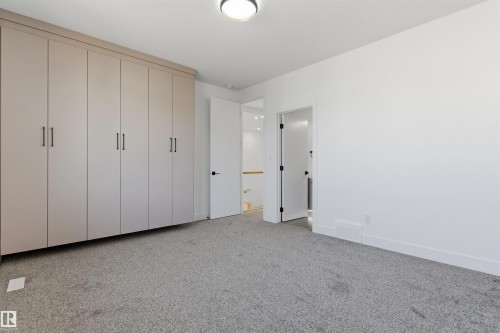 Built-in cabinetry with matte black hardware, grey-toned carpeting, and white painted walls - 2720 63 Avenue, Rural Leduc County, AB 