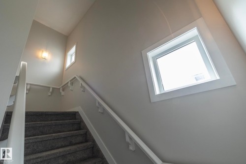 Carpeted staircase with white handrails and painted risers - 55 Michigan Street, Devon, AB 