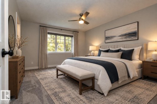 Window with grid inserts, ceiling fan with integrated lighting, textured carpeting, and neutral wall tones - 55 Michigan Street, Devon, AB 