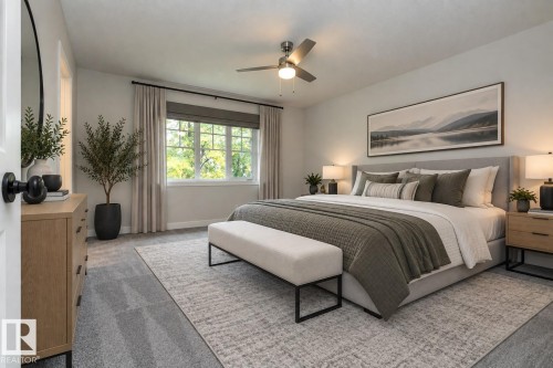 Light gray wall paint, window with white trim, wood-tone dresser, ceiling fan with integrated lighting, and gray carpeting - 53 Michigan Street, Devon, AB 