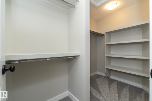 Built-in shelving, hanging rods, and carpeted flooring - 53 Michigan Street, Devon, AB 
