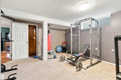 Carpeted flooring, recessed ceiling lighting, and a paneled white door - 