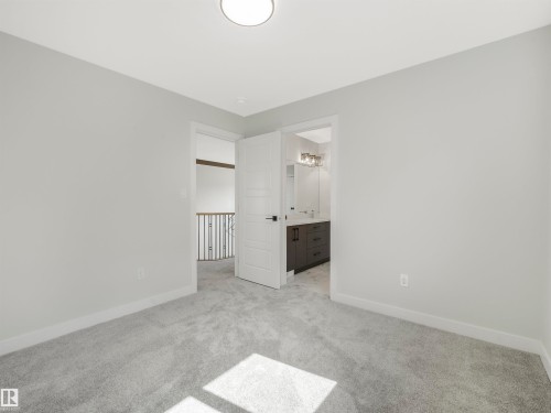 Neutral tone wall paint, plush carpeting, contemporary flush mount lighting, solid core door, and a built-in vanity with a vessel sink - 11 Dalquist Bay, Leduc, AB 