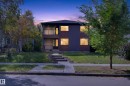 Contemporary exterior with a flat roofline, integrated balcony, dark siding, and a concrete walkway - 11167 62 Avenue Nw, Edmonton, AB 