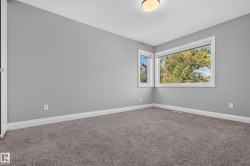 Neutral gray walls with white trim, wall-to-wall carpeting, corner window configuration, and a flush-mount ceiling light fixture - 