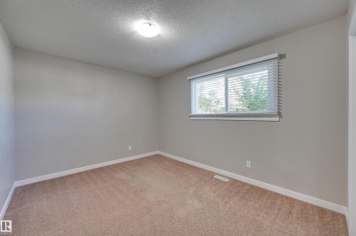 Neutral wall tones, carpeted flooring, a single window with blinds, and an overhead flush-mount light fixture - 13815 88 Street Nw, Edmonton, AB 