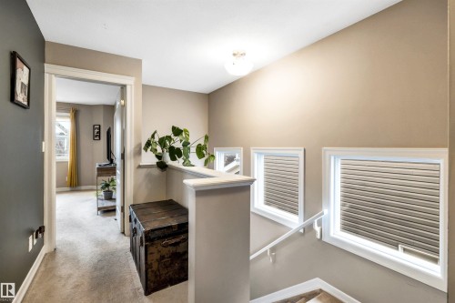 Carpeted hallway with a neutral color palette, featuring a built-in wall niche with white trim and a ceiling-mounted light fixture - 337 Southfork Drive, Leduc, AB 