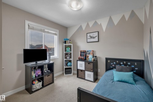 Neutral wall color with a decorative accent wall featuring a mountain motif - 337 Southfork Drive, Leduc, AB 