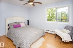 Wood-finish flooring, white window trim, and a ceiling fan with integrated lighting - 