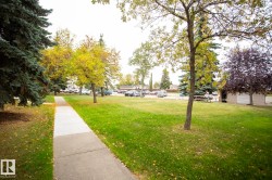Manicured green space with mature trees, a concrete pathway, and a distant parking area - 