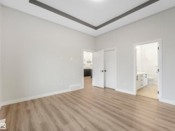 Vaulted ceiling with tray detail, wood-finish flooring, white trim, and doors with dark hardware - 