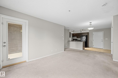 Expansive open-concept room featuring carpet flooring and a glass-paneled door - #215 11804 22 Av Sw, Edmonton, AB 