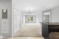 Open concept living area with light-colored carpeting, a kitchen island with a dark countertop, and a built-in dishwasher - 