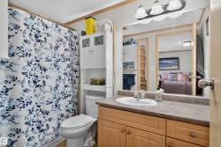 Integrated vanity with wood-finish cabinetry and an oval sink - 