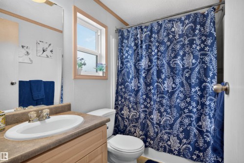 Vanity with an oval sink, light wood-finish cabinetry, and a window with wood trim - 1405 53222 Range Road 272, Rural Parkland County, AB 