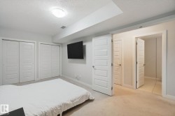 Recessed lighting, light-colored carpeting, multiple paneled closet doors, and additional doorway access - 