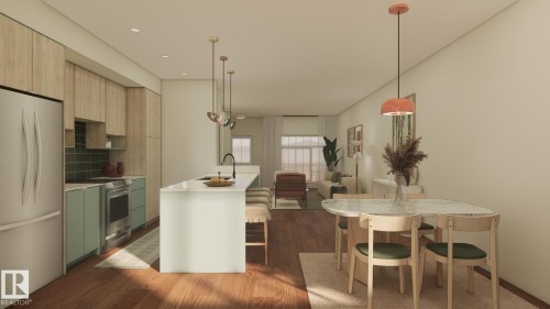 Integrated kitchen and dining area featuring wood-finish flooring, a kitchen island with seating, stainless steel appliances, and wood-finish upper cabinetry - 2616 62 Street Sw, Edmonton, AB 