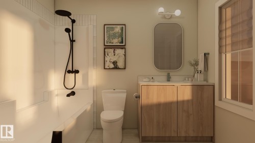 Bathtub with matte black shower fixtures, wood-finish vanity with countertop, rectangular wall mirror, and window with white trim - 2616 62 Street Sw, Edmonton, AB 