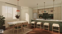 Open-concept kitchen and dining area featuring wood-finish flooring, custom cabinetry, a green tile backsplash, and an extended island with seating - 