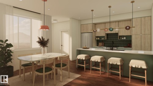 Open-concept kitchen and dining area featuring wood-finish flooring, custom cabinetry, a green tile backsplash, and an extended island with seating - 2616 62 Street Sw, Edmonton, AB 