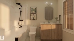 Bathtub with matte black shower fixtures, wood-finish vanity with countertop, rectangular wall mirror, and window with white trim - 