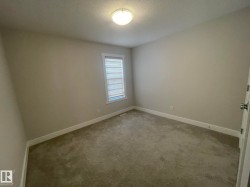 Neutral-toned carpet flooring, light-colored walls, and a window with horizontal blinds - 