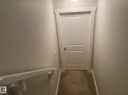 White paneled door with polished hardware, neutral wall paint, white trim, and carpeted flooring - 