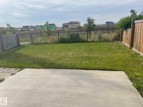 Poured concrete patio with a grass lawn, bordered by a wood privacy fence and a chain link fence - 7939 Erasmus Crescent Nw, Edmonton, AB 