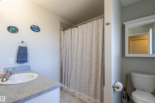 White vanity with a speckled countertop and an undermount sink - 38 Red Tail Way, St. Albert, AB 