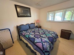 Bedroom featuring a window with horizontal blinds, neutral carpet flooring, and a textured ceiling - 