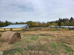 Expansive open field with a large yellow outbuilding featuring a metal roof - 