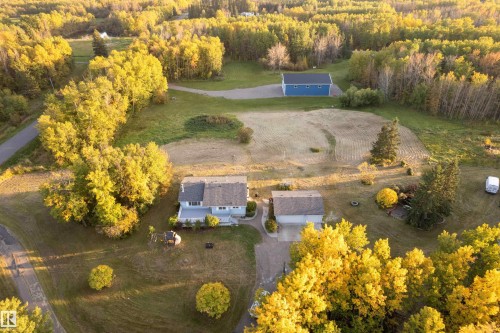 Expansive property featuring a light blue residence, a detached garage, a separate blue outbuilding, and varied landscaping - 52314 Rge Road 215, Rural Strathcona County, AB 