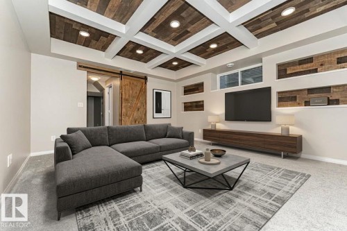 Coffered ceiling with recessed lighting and wood panel accents - 3203 Carpenter Landing Sw, Edmonton, AB 