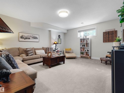Carpeted living area featuring a window, built-in structural elements, and a flush-mount ceiling light - 904 Wood Place Nw, Edmonton, AB 