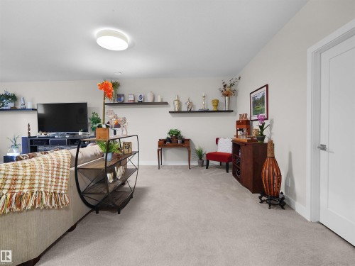 Plush carpet flooring, recessed ceiling light, and floating wall shelves - 904 Wood Place Nw, Edmonton, AB 