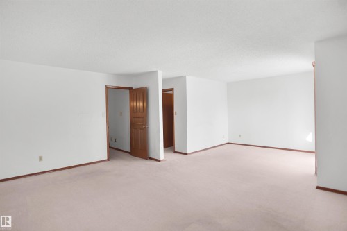 Expansive carpeted area with white walls, wood-finish trim, and natural wood doors - 12311 25 Avenue Nw, Edmonton, AB 