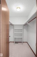 Walk-in closet featuring built-in shelving, hanging rods, and carpet flooring - 