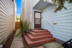 Wood-tone multi-level entry stairs with a handrail, leading to a screen door entry - 